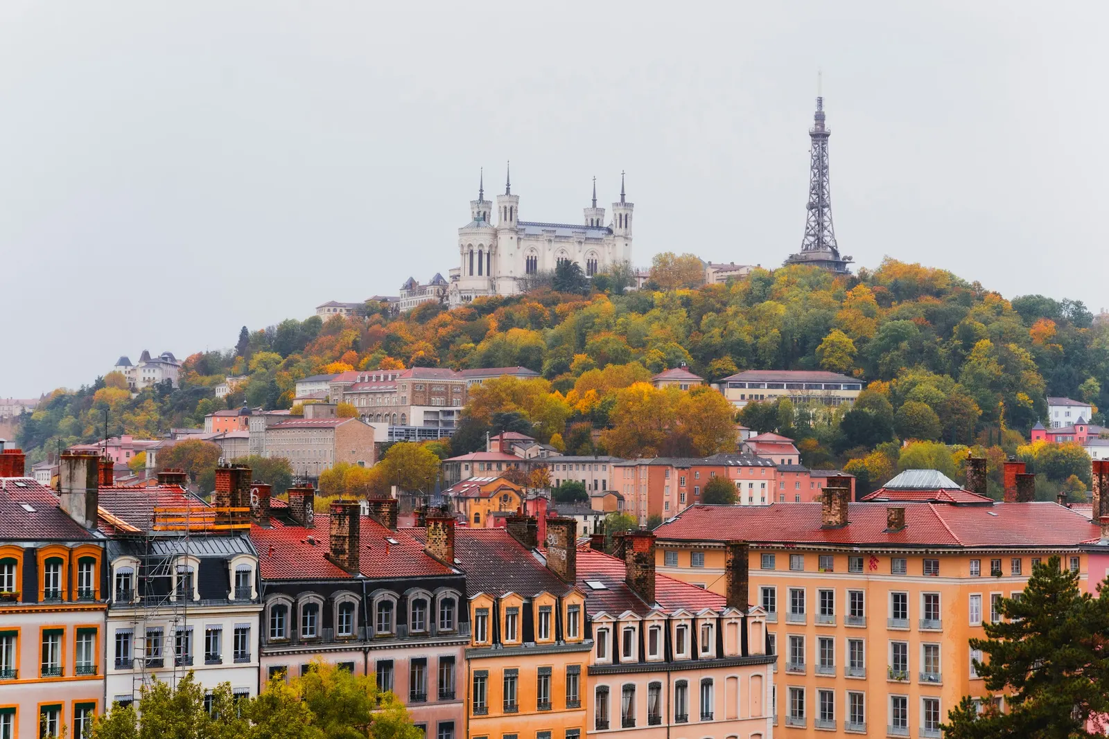 The Fourviere basilica on the hill above the rooftops of Lyon