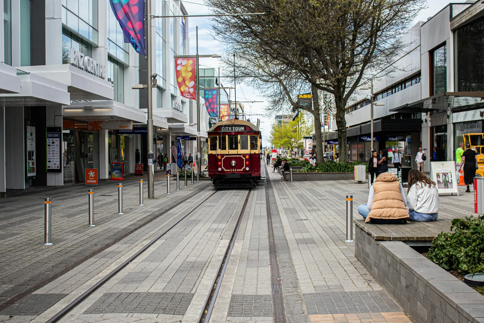 A heritage tram on a pedestrianised street in central Christchurch